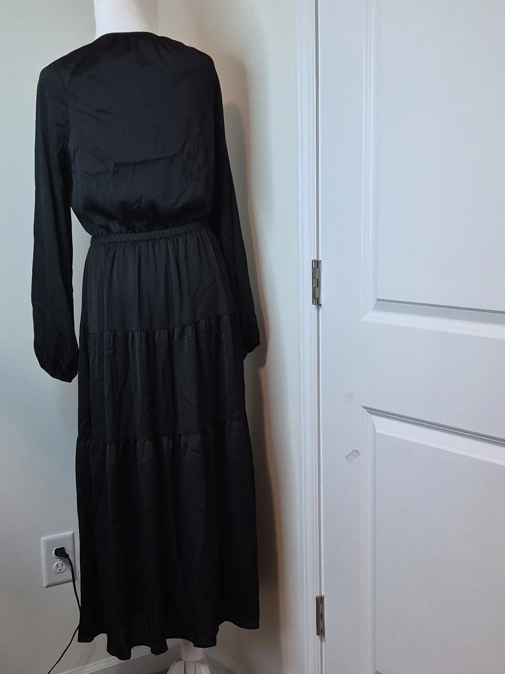Black Long-Sleeve Tiered Maxi Dress with Tie Neck